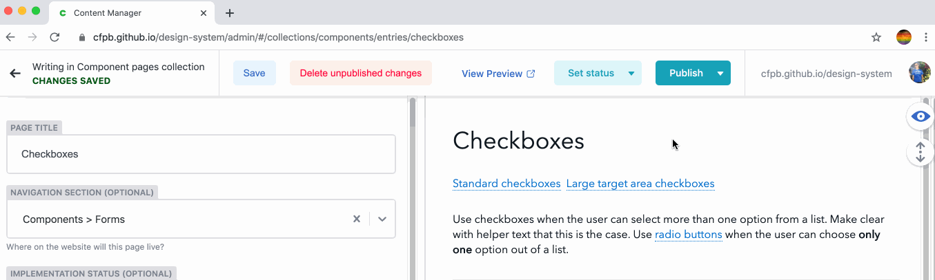 Screenshot showing how to preview Decap CMS changes